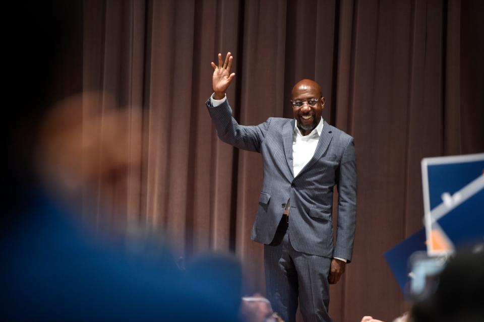 U.S. Sen. Raphael Warnock, D-Ga., waves to the crowd during the Warnock for Georgia rally at Augusta Technical College on Thursday, Sept. 1, 2022. Sen. Warnock, D-Ga., spoke on issues such as President Biden's recent student loan forgiveness and Georgia infrastructure.