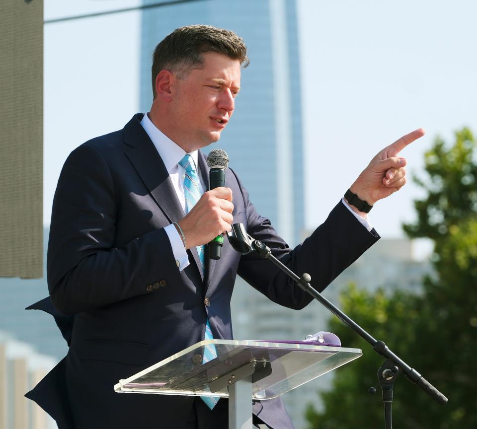 Oklahoma City Mayor David Holt addresses the crowd on Tuesday, Sept. 13, 2022, during Palomar's celebration of "5 years of Changing Lives." The event was held in the parking lot where the new MAPS funded building will be built.