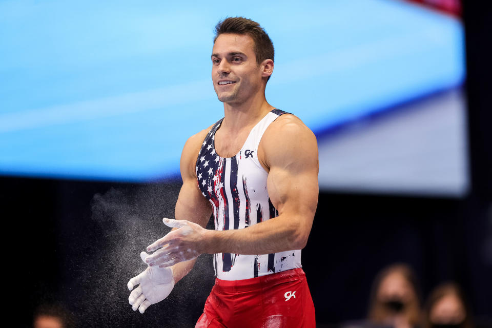 Sam Mikulak prepares to compete on the parallel bars during day one of the Men's 2021 U.S. Olympic Trials in St Louis on June 24, 2021.<span class="copyright">Carmen Mandato—Getty Images</span>