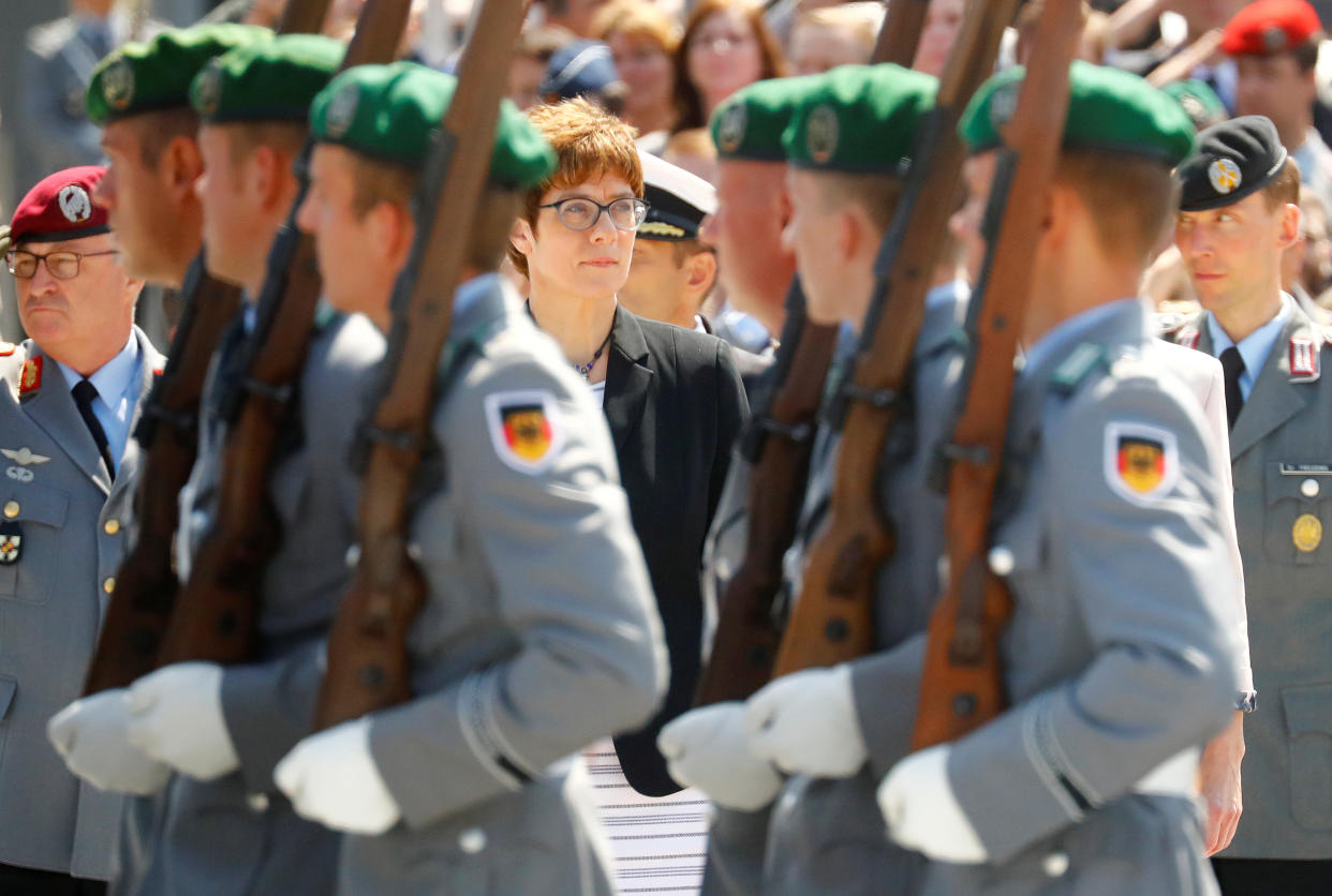 Incoming German defense minister Annegret Kramp-Karrenbauer attends a welcoming ceremony at the Defense Ministry in Berlin, Germany, July 17, 2019. REUTERS/Hannibal Hanschke