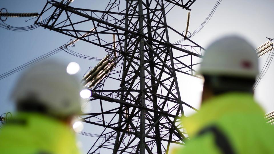 Two contractors blurred looking up at a pylon