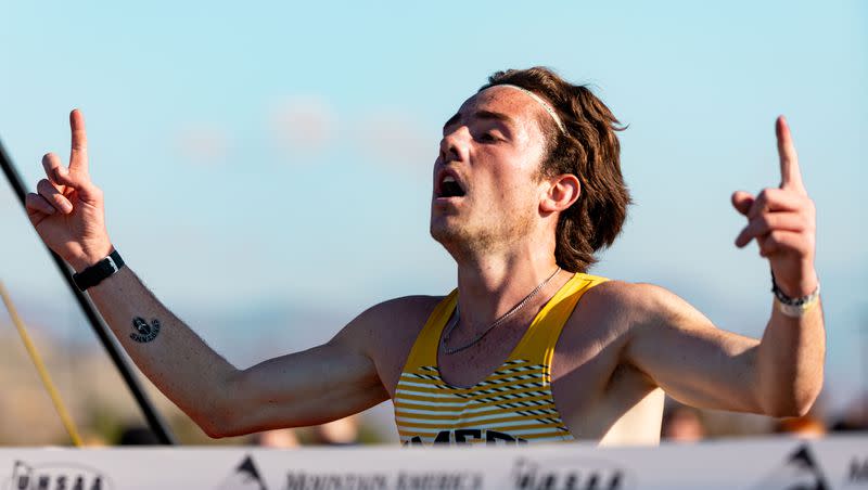 Emery High School’s Camdon Larsen crosses the finish line in first place in the 3A boys state high school cross-country championships at the Regional Athletic Complex in Salt Lake City on Tuesday, Oct. 24, 2023.