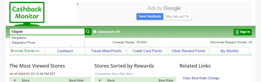 Screenshot of search results from cashback monitor