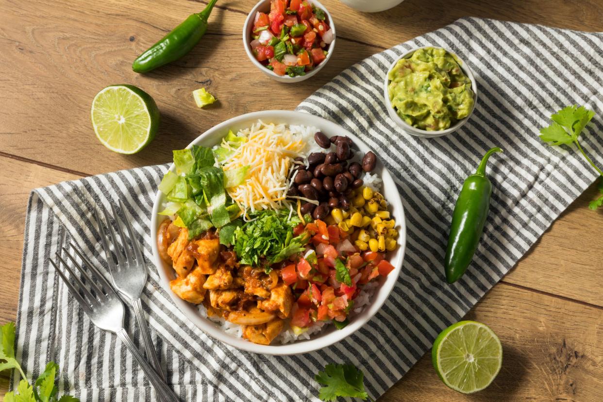 Homemade Healthy Chicken Burrito Bowl with Salsa Corn and Beans