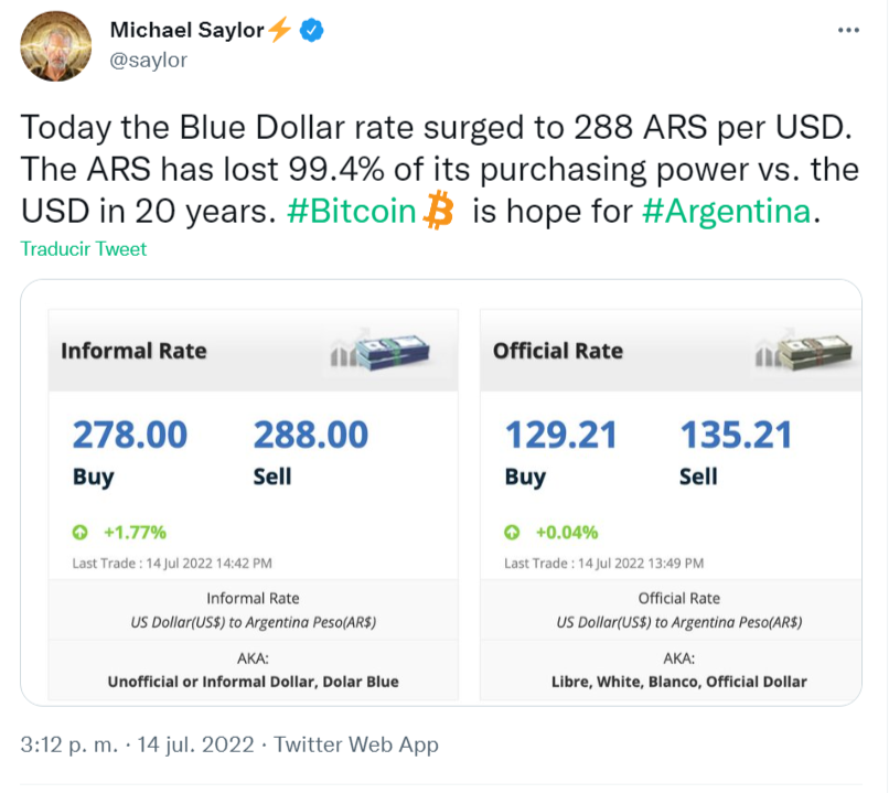 El tuit de Michael Saylor sobre la situación en Argentina