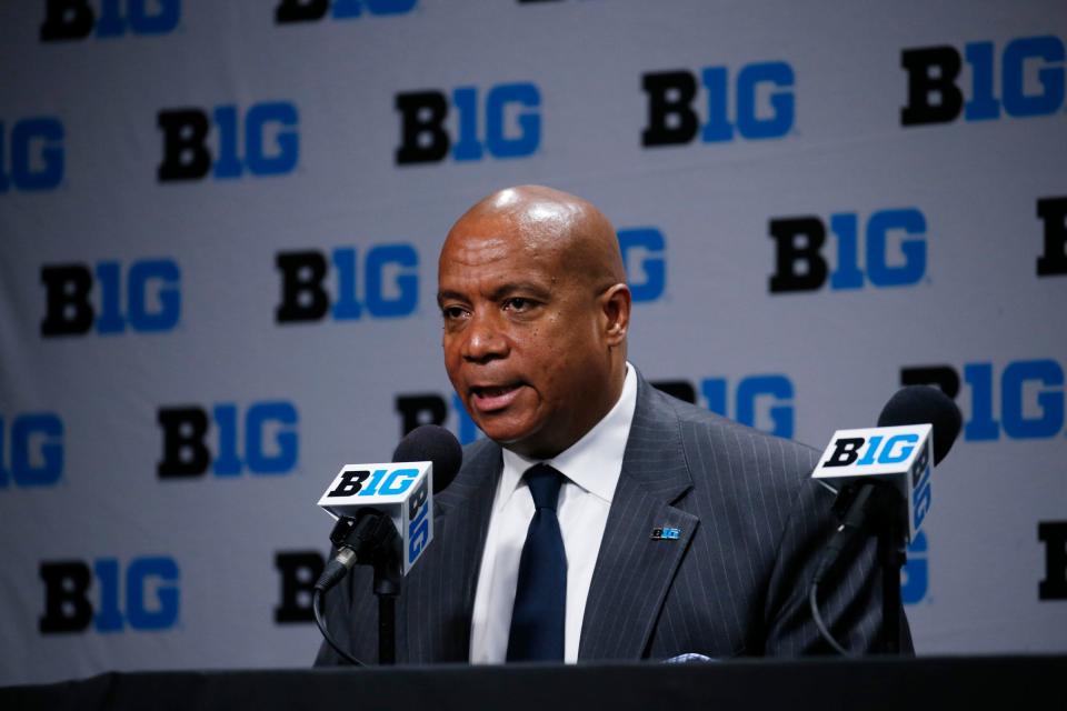 Big Ten commissioner Kevin Warren speaks to the media after the 2020 Big Ten tournament was canceled due to Coronavirus prevention on Thursday, March 12, 2020, in Indianapolis.