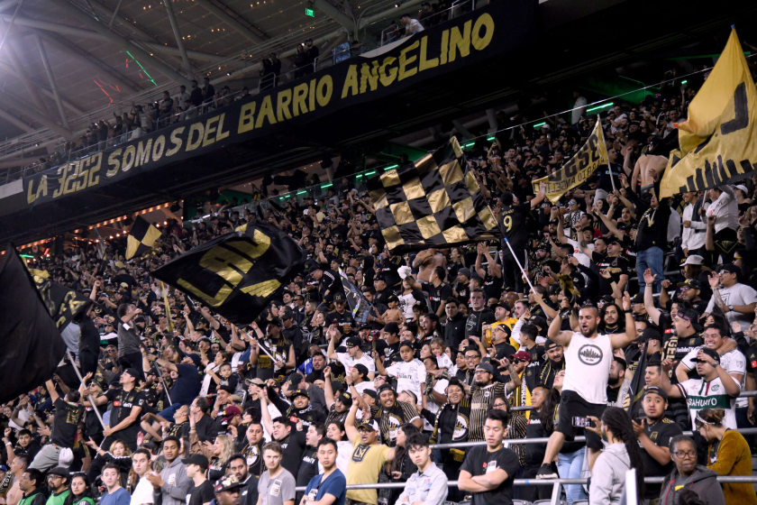 LOS ANGELES, CALIFORNIA - APRIL 13: Los Angeles FC fans cheer during the first against the FC Cincinnati.