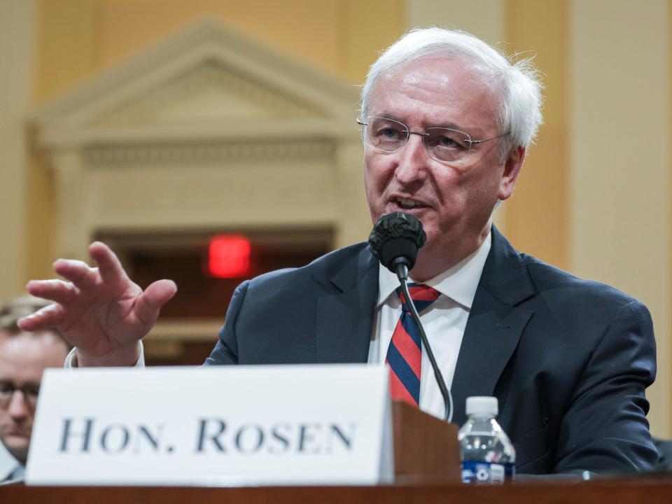 Former acting Attorney General Jeffrey Rosen testifying before the House select committee investigating the January 6, 2021, insurrection