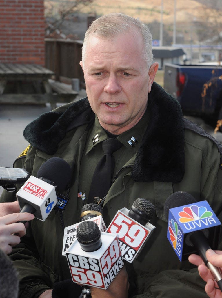 Capt. J.L. Cahill of the West Virginia State Police fields questions from reporters Wednesday Feb. 23, 2011. Cahill submitted his resignation as West Virginia State Police superintendent on Monday, March 20, 2023. Cahill has served under Gov. Jim Justice since the governor took office in 2017. ()