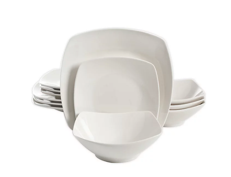 Soft Square 12-Piece Dinnerware Set in White. Image via Bed Bath and Beyond.