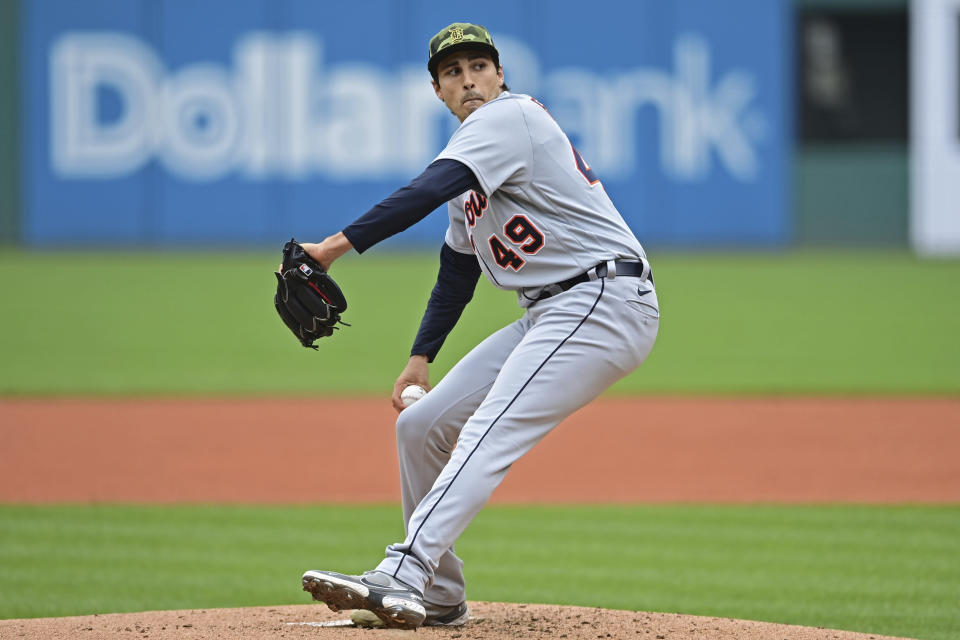 Detroit Tigers starting pitcher Alex Faedo delivers in the first inning of a baseball game against the Cleveland Guardians, Sunday, May 22, 2022, in Cleveland. (AP Photo/David Dermer)
