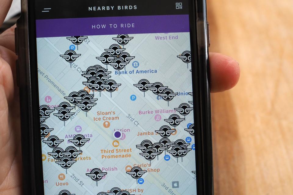 The Bird Ride scooter app shows the location of available electric scooters in Santa Monica, California, on July 13, 2018. (Photo by Robyn Beck / AFP) (Photo credit should read ROBYN BECK/AFP/Getty Images)