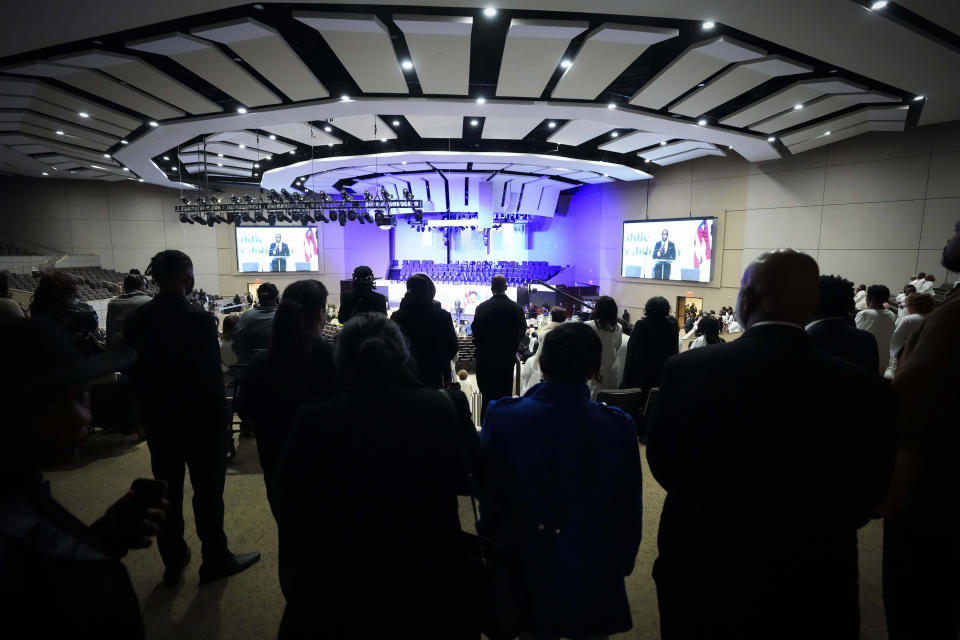 Mourners gather for a prayer service for former U.S. Rep. Eddie Bernice Johnson at Concord Church on Monday, Jan. 8, 2024, in Dallas. Johnson, a trailblazing North Texas Democrat who served 15 terms in Congress, died on Dec. 31. (Smiley Pool/The Dallas Morning News via AP, Pool)