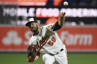 Baltimore Orioles starting pitcher Zac Lowther (59) delivers during the second inning of a baseball game against the Texas Rangers, Thursday, Sept. 23, 2021, in Baltimore. (AP Photo/Terrance Williams)