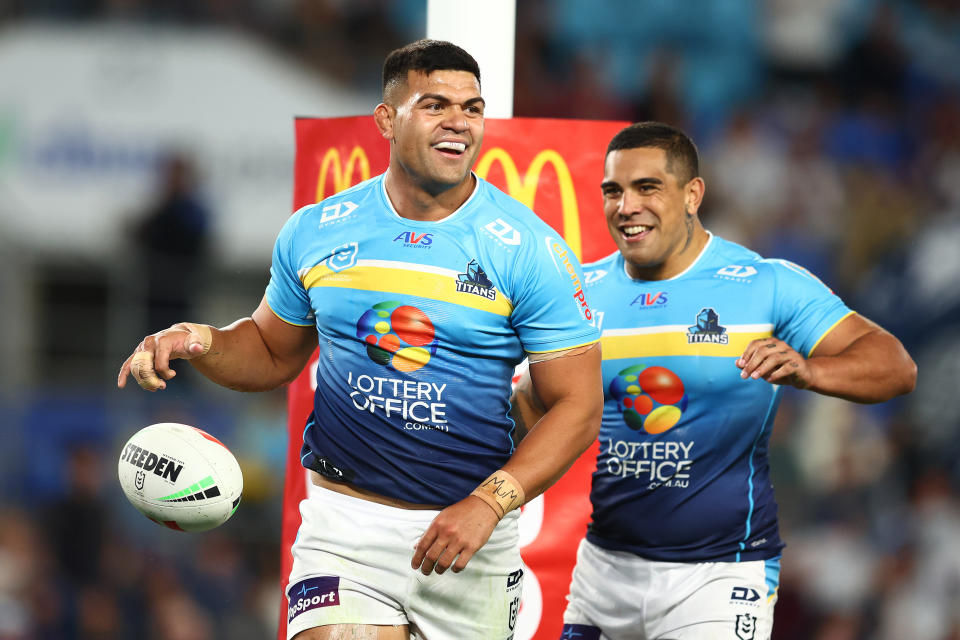 GOLD COAST, AUSTRALIA - APRIL 20: David Fifita of the Titans celebrates a try during the round seven NRL match between Gold Coast Titans and Manly Sea Eagles at Cbus Super Stadium, on April 20, 2024, in Gold Coast, Australia. (Photo by Chris Hyde/Getty Images)