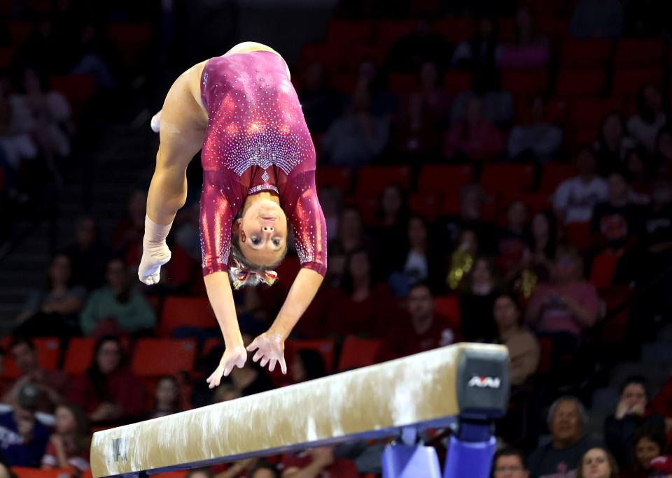 OU's Ragan Smith performs on the beam during the Women's Big 12 Gymnastics Championship on Saturday at Lloyd Noble Center in Norman.