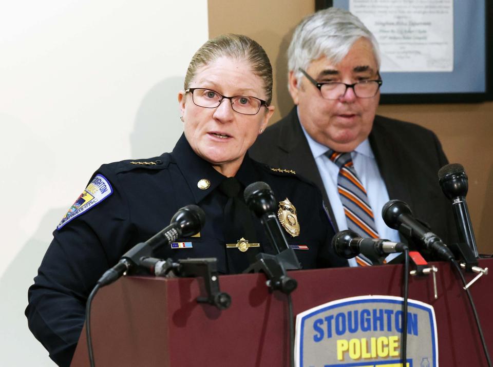 Stoughton Police Chief Donna McNamara and Norfolk County District Attorney Michael Morrissey during a news conference at the Stoughton police station on Tuesday, Dec. 13, 2022.