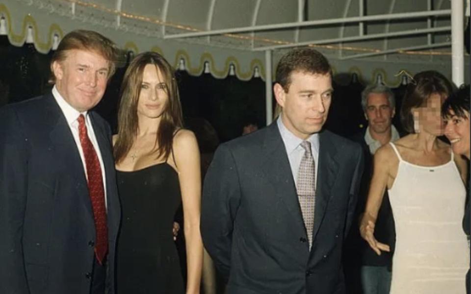 Trump pictured with wife Melania, alongside Prince Andrew. Jeffrey Epstein is pictured in the background. Source: Twitter/Paul Waugh