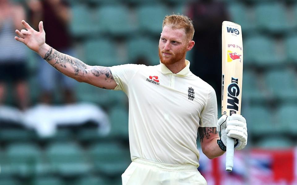 Ben Stokes of England celebrates scoring 100 runs by making the customary hand gesture during day 2 of the 3rd Test match between South Africa and England at St Georges Park on January 17, 2020 in Port Elizabeth, South Africa - GETTY IMAGES