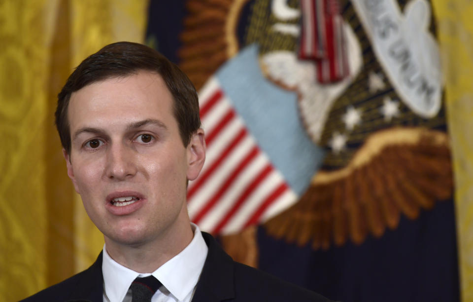 FILE - In this May 18, 2018 file photo, White House adviser Jared Kushner speaks in the East Room of the White House in Washington. There is little enthusiasm among U.S. allies for Kushner's planned Mideast conference at the end of June, 2019. The conference, presented as phase one of his long-awaited plan for peace between Israelis and Palestinians, has put pro-Western countries like Jordan and the Saudi Arabia in a difficult position. They can't afford to snub an invitation from their American benefactors but are wary of endorsing a plan that does not include Palestinian independence. (AP Photo/Susan Walsh, File)