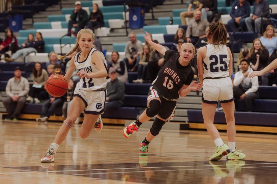 Great Falls High's Addi Kynett drives to the basket against Billings Senior Friday night at Swarthout Fieldhouse.