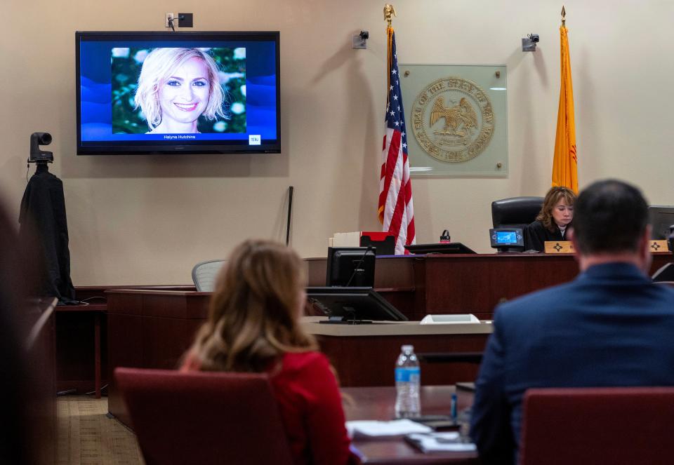 A photo of cinematographer Halyna Hutchins is displayed during the trial against Hannah Gutierrez-Reed, in First District Court, in Santa Fe, N.M., Thursday, February 22, 2024. (AP)