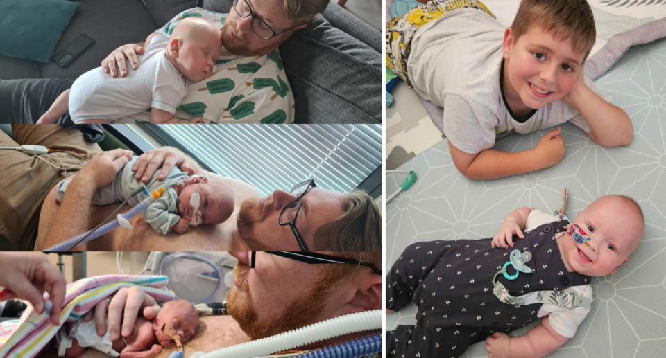 Left, Wyatt lies on Matthew's chest at various stages showing his growth. Right, baby Wyatt and brother Acklen smile at the camera. 