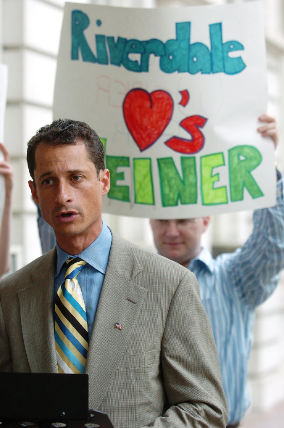 Rep. Anthony Weiner (D-Brooklyn and Queens) speaks on the steps of City Hall after receiving the endorsement of Assemblyman Jeffrey Dinowitz of the Bronx in his run for mayor on June 27, 2005.&nbsp;