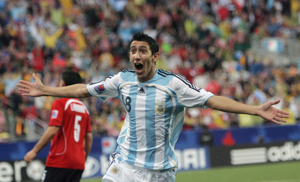 U20 SOCCER---07/19/07---Angel Di Maria celebrates his first goal of the game as Argentina and Chile play in the semi-final game at the Under 20 World Cup at the National Soccer Stadium at the Canadian National Exhibition grounds in Toronto, July 19, 2007. (Photo by Steve Russell/Toronto Star via Getty Images)