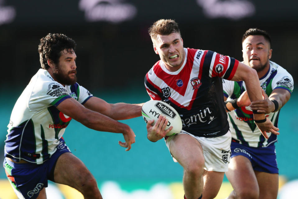 Angus Crichton takes on the defence during the round 22 NRL match between the Sydney Roosters and the New Zealand Warriors. (Photo by Matt King/Getty Images)