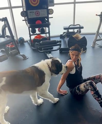 <p>Kate Beckinsale/Instagram</p> Kate Beckinsale posts a video of herself playing with her dog in a gym on Instagram on April 18