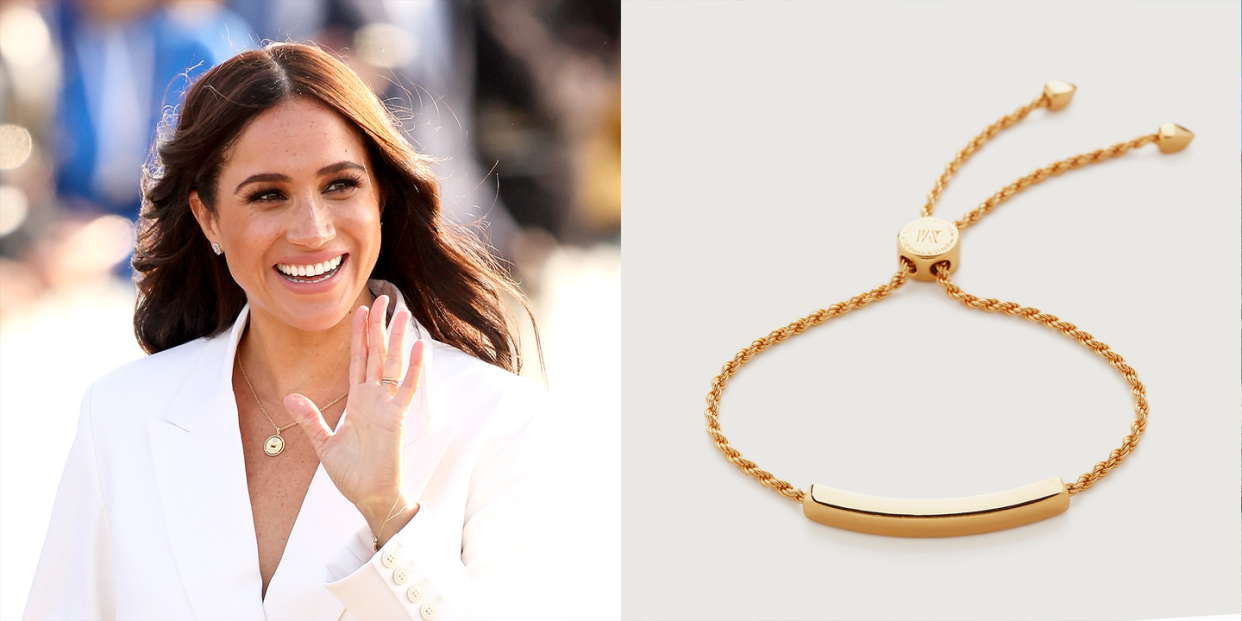 meghan markle smiling and waving and a close up photo of a gold bracelet