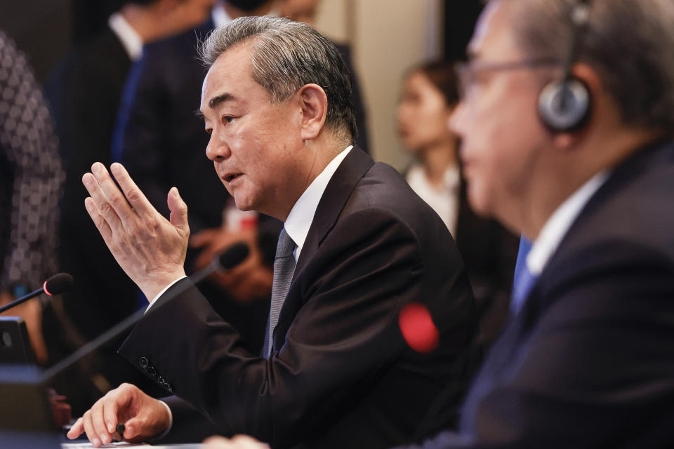 Chinese Communist Party's foreign policy chief Wang Yi speaks during Association of Southeast Asian Nations (ASEAN) Plus Three Foreign Ministers' Meeting at the in Jakarta, Indonesia, Thursday, July 13, 2023. (Mast Irham/Pool Photo via AP)