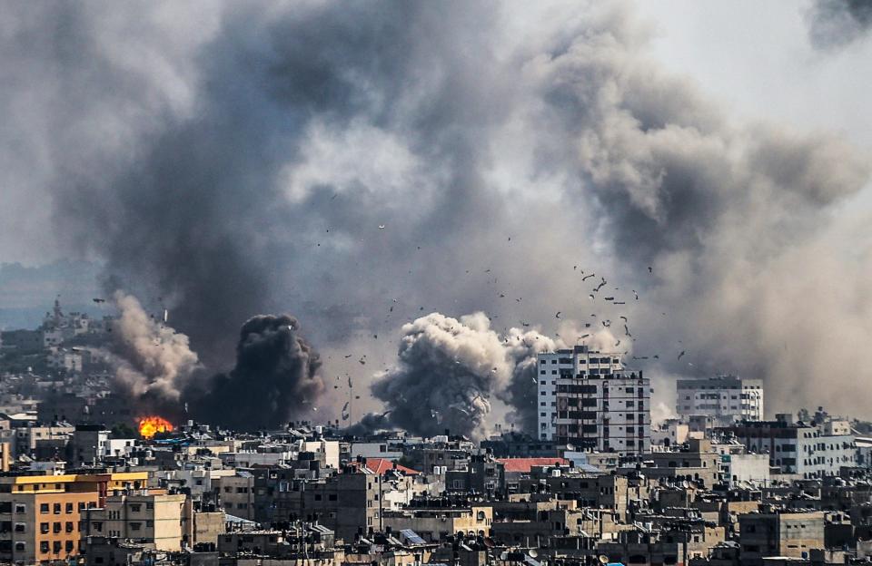 Smoke rises after an Israeli airstrike that has been going on for five days in Gaza City, Gaza, on October 11, 2023.