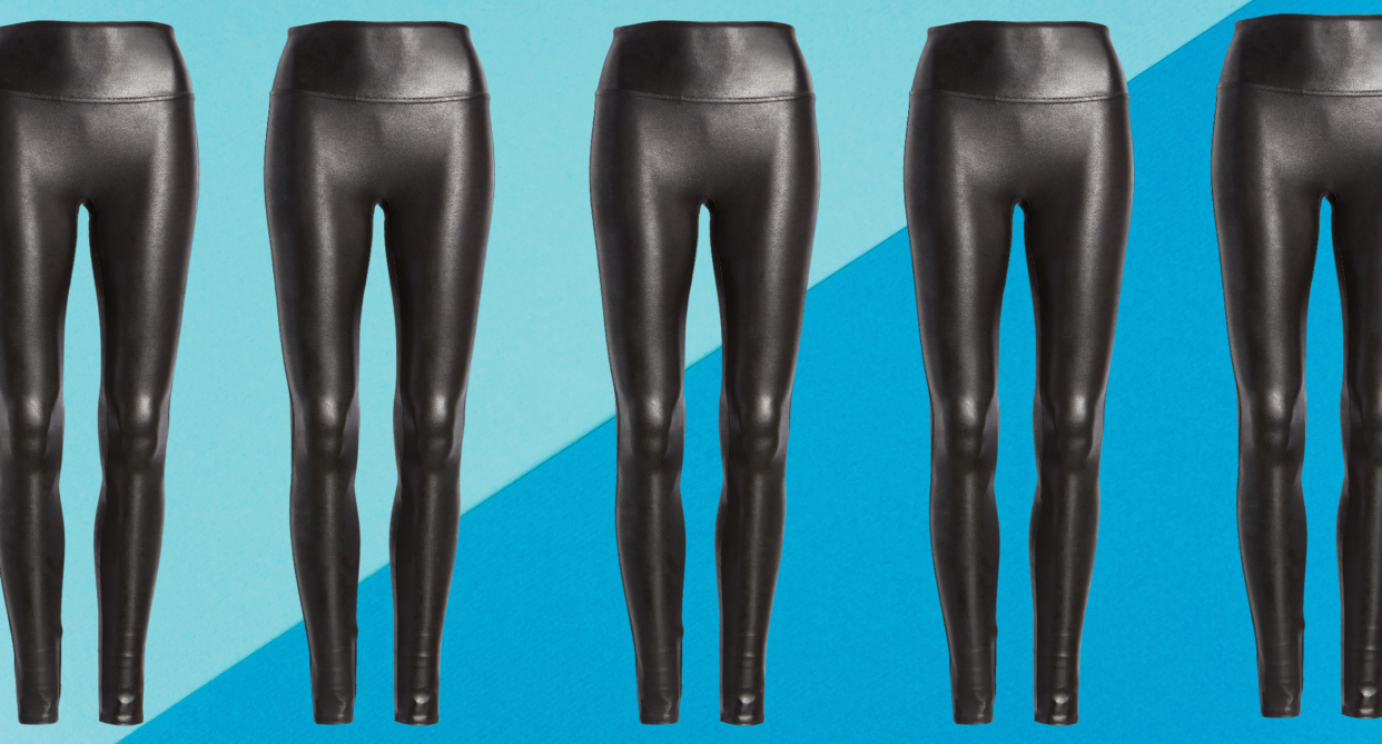 nordstrom anniversary sale spanx faux leather leggings on blue diagonal background 