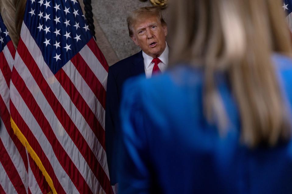 PALM BEACH, FLORIDA - MARCH 04: Republican presidential candidate, former President Donald Trump speaks in the library at Mar-a-Lago on March 4, 2024 in Palm Beach, Florida. The U.S. Supreme Court ruled that Trump can appear on this year's ballot after the Colorado Supreme Court said he was disqualified from being president again and ineligible for the state's primary. (Photo by Alon Skuy/Getty Images)