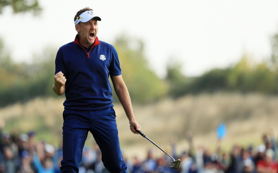 Ian Poulter of Europe celebrates during the afternoon foursome matches of the 2018 Ryder Cup at Le Golf National on September 28, 2018 in Paris, France - Getty Images