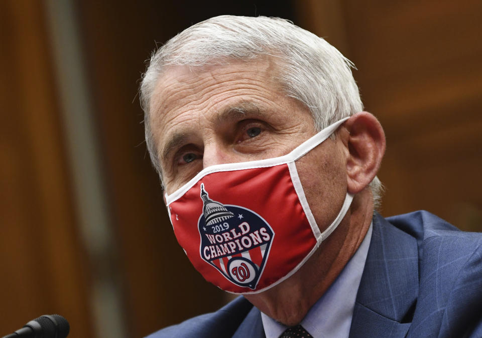 FILE - In this July 31, 2020 file photo, Dr. Anthony Fauci, director of the National Institute for Allergy and Infectious Diseases, testifies during a House Subcommittee hearing on the Coronavirus crisis, on Capitol Hill in Washington. (Kevin Dietsch/Pool via AP)