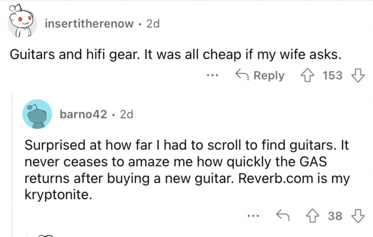 Reddit screenshot of someone talking about guitar gear being expensive.