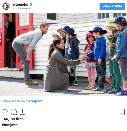 A photo of Prince Harry and Meghan Markle meeting school children in New Zealand in October 2018 shared by singer Elton John on hi Instagram page.