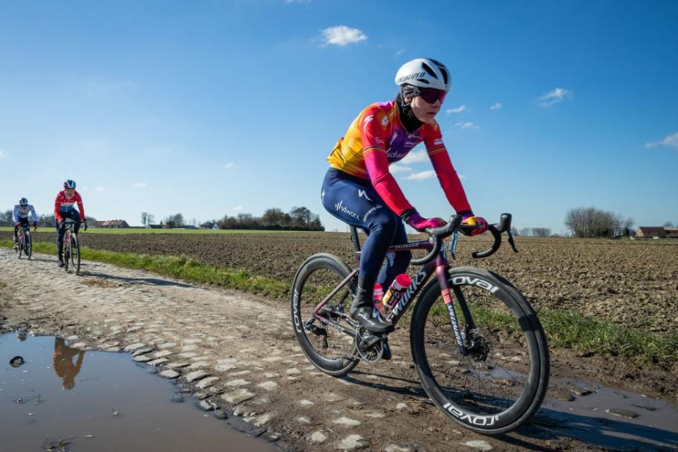 Belgian Lotte Kopecky of SD Worx pictured in action during the reconnaissance of the track of this years oneday cycling race ParisRoubaix around Roubaix France Monday 27 February 2023 BELGA PHOTO DAVID PINTENS Photo by DAVID PINTENS  BELGA MAG  Belga via AFP Photo by DAVID PINTENSBELGA MAGAFP via Getty Images