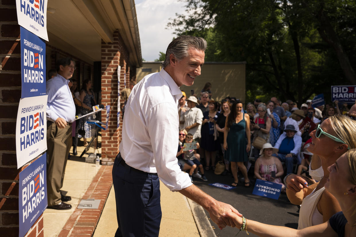 California Governor Gavin Newsom greets supporters during a campaign event for President Joe Biden on Saturday, July 6, 2024 in Doylestown, Pa.

(Photo by Joe Lamberti for The Washington Post via Getty Images)