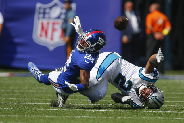 New York Giants cornerback Adoree' Jackson (22) reacts against the Carolina  Panthers during an NFL football game Sunday, Sept. 18, 2022, in East  Rutherford, N.J. (AP Photo/Adam Hunger Stock Photo - Alamy