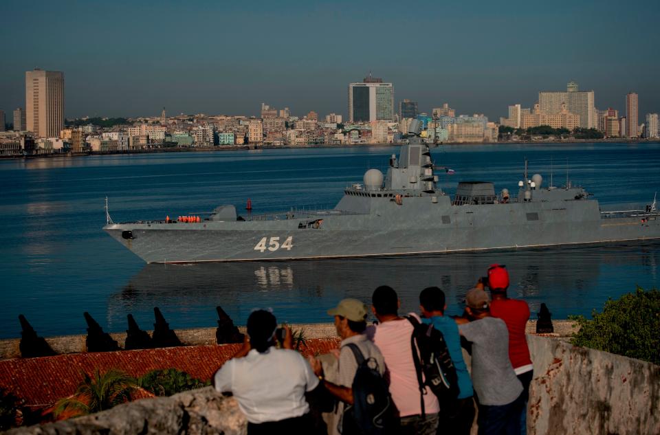 Russian Navy Admiral Gorshkov arrives in Havana, Cuba, in 2019. It can be equipped with Zircon hypersonic missiles, which the Kremlin claims are nuclear-capable (AP)