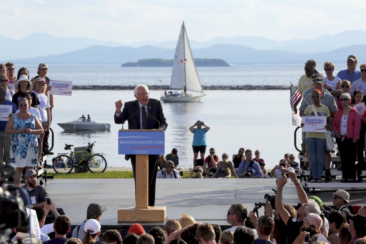 Bernie Sanders speaks at a campaign kickoff rally