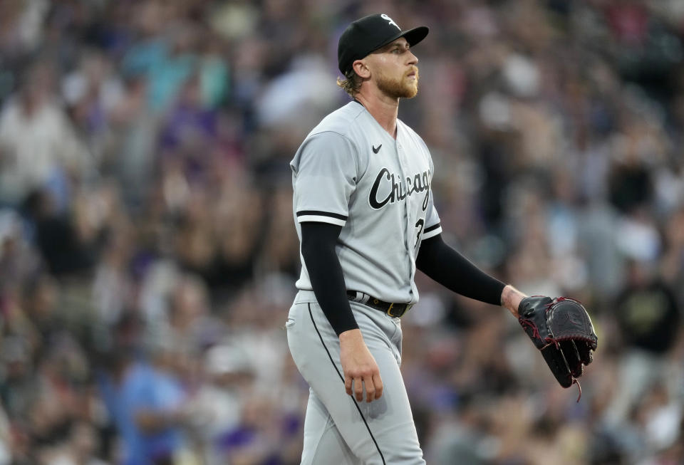 Chicago White Sox starting pitcher Michael Kopech reacts after giving up a three-run home run to Colorado Rockies' Ryan McMahon in the fourth inning of a baseball game Friday, Aug. 18, 2023, in Denver. (AP Photo/David Zalubowski)