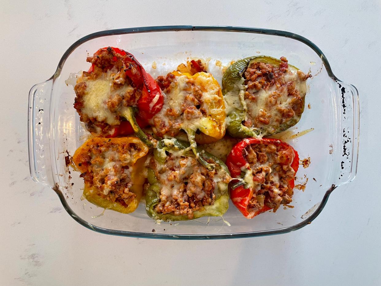 Stuffed peppers in glass dish 