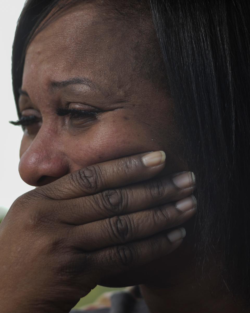 Heather Corley cries on Wednesday, Sept. 23, 2020, while describing the events on the day her daughter, Indiah, died at Noe-Bixby Park in Columbus, Ohio. Indiah, 14, was accidentally shot while attending a party on the Fourth of July in 2020, and died 7 days later. She had just finished 8th grade and was getting ready to start high school at KIPP Columbus.