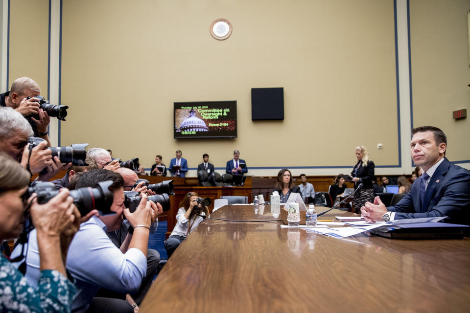 Acting Secretary of Homeland Security Kevin McAleenan arrives to testify before a House Committee on Oversight and Reform hearing on Capitol Hill in Washington, Thursday, July 18, 2019. (AP Photo/Andrew Harnik)