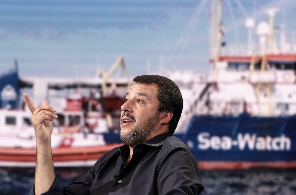 Italian Deputy Premier and Interior Minister, Matteo Salvini, attends a RAI state TV program in Rome, Wednesday, June 26, 2019. A German humanitarian ship carrying 42 migrants rescued off Libya two weeks ago is in Italian waters within sight of Lampedusa island in defiance of a ban by the country's hard-line interior minister. Interior Minister Matteo Salvini said he wouldn't allow any of the migrants to disembark and threatened Wednesday to deploy law enforcement. (Riccardo Antimiani/ANSA via AP)